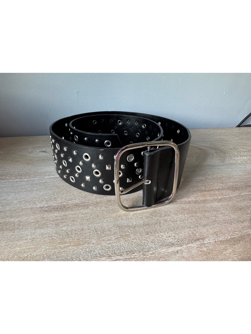 Black Wide Studded Belt with Silver Buckle
